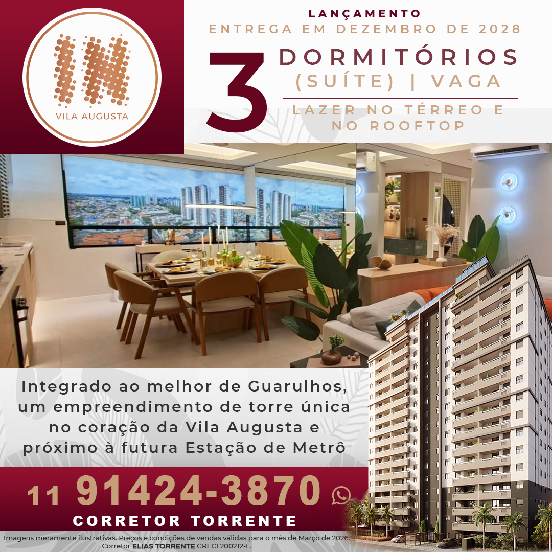 IN Vila Augusta | Condições promocionais de lançamento para apartamento de 75, 78 e 80m² | 3 dormitórios com suíte | Entrega em Dezembro de 2028 | Financiamento Caixa ou Direto com a Construtora