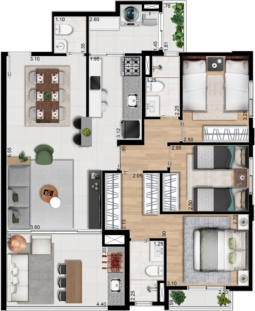 Majestic Residencial | Planta do Apartamento de 98,9m² - 3 dormitórios, 1 suíte e varanda gourmet || Majestic Residencial Guarulhos